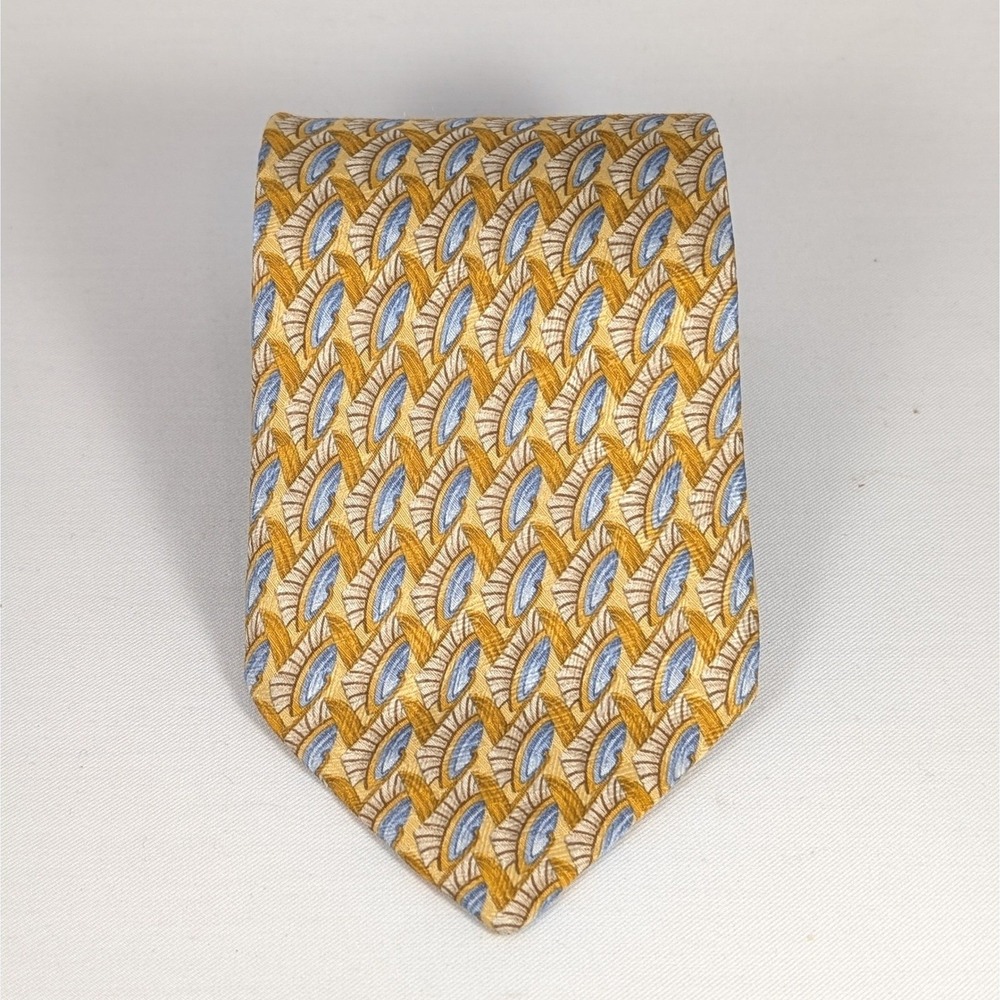 Hermenegildo Zegna Tie Gold Yellow Blue Geometric Wooven Silk Necktie 3.5" / 58"